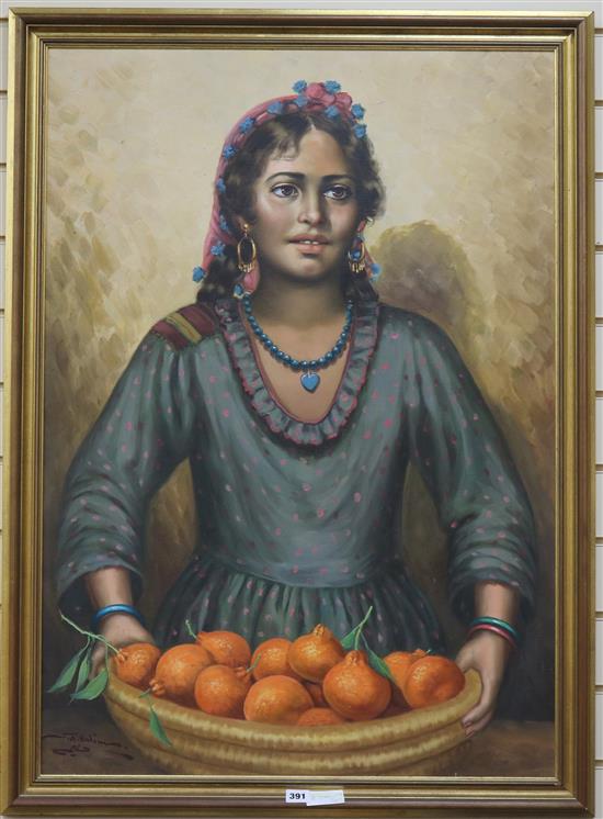 S.A. Halim, oil on canvas, a Nubian girl holding a tray of oranges, signed, 100 x 72cm